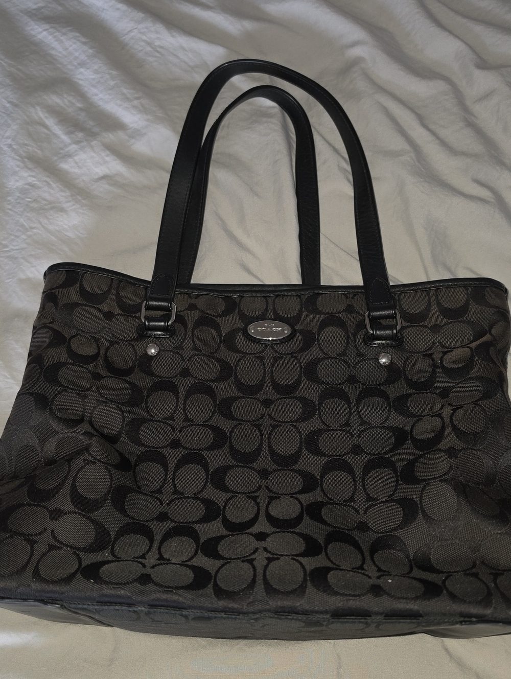 Coach Black Signature Canvas Tote with Leather Trim